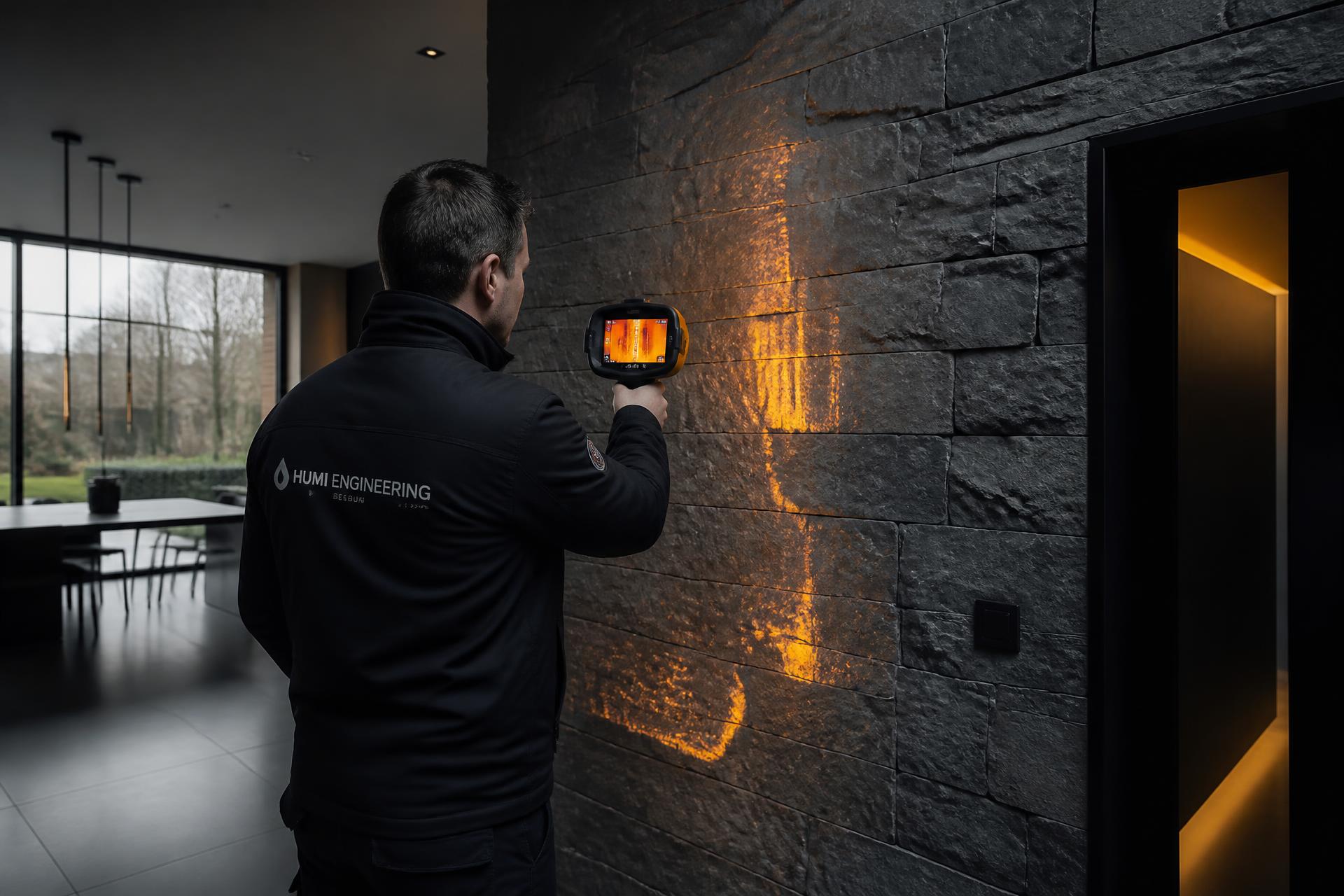 Ingénieur Vision-Dry inspectant un mur avec caméra thermique
